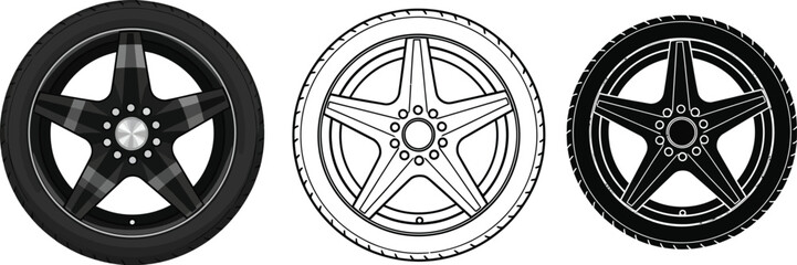 Fototapeta premium Automotive wheels tires rims design illustration vector set