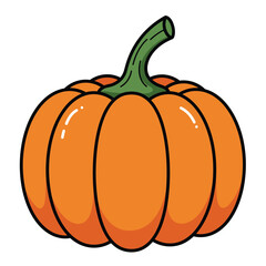A cartoon orange pumpkin with a green stem on a white background