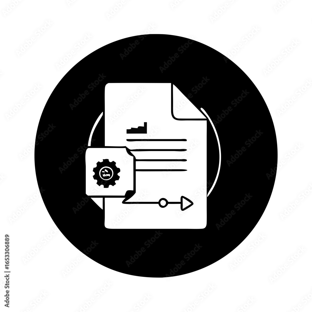 Poster vector art of document with chart and gear icon, representing data analysis and business process