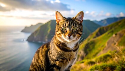 A tabby cat atop a mountain overlooking ocean