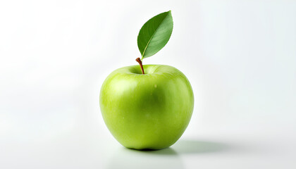 Ripe green apple with a fresh leaf, an isolated, beautiful, and clean visual.