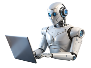 robot works using laptop  isolated on white background PNG, AI GENERATED 