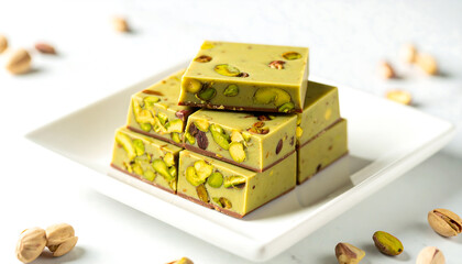 Delicious Pistachio White Chocolate Squares: Gourmet Confectionery, Elegant Food Photography, Appetising Sweet Treat.
