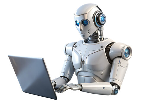 robot works using laptop  isolated on white background PNG, AI GENERATED 