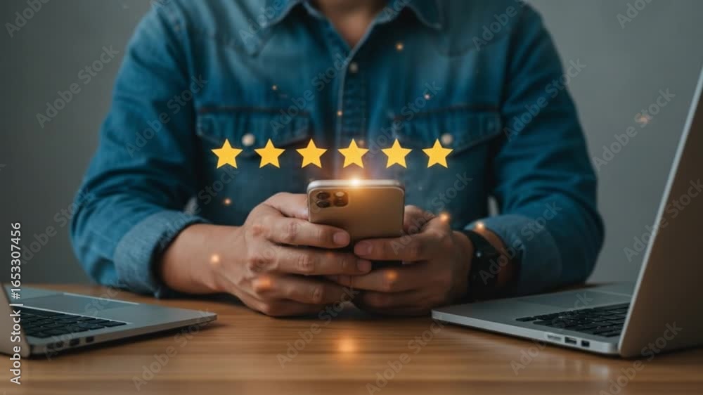 Poster man using smartphone with five star rating overlay between two laptops on a wooden table top view