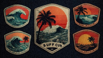Collection of Vintage Style Surf Club Patches Featuring Sunset, Waves, and Palm Trees against a Denim Background