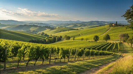 Fototapeta premium Green vineyard under sunny summer sky.
