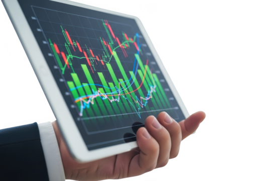 Hand holding tablet displaying stock market graph isolated on transparent background - Powered by Adobe
