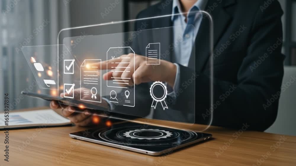 Poster man in suit using tablet with digital document icons and seal on wooden desk in a modern office