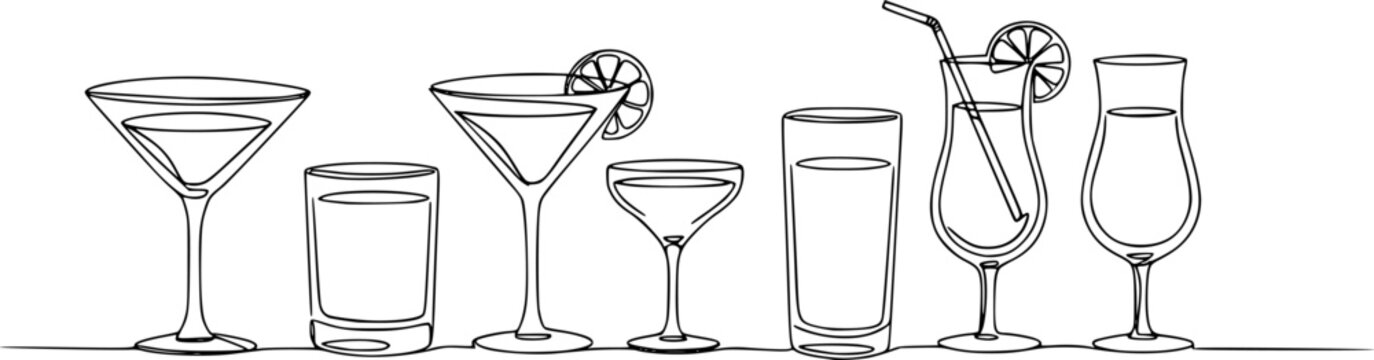 Alcoholic cocktail set glasses, continious line drawing. Summer cocktail set outline. Vector illustration