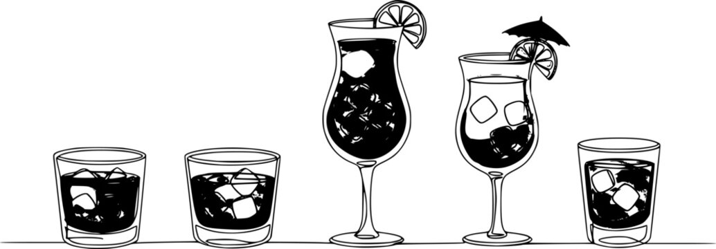 Alcoholic cocktail set glasses, continious line drawing. Summer cocktail set outline. Vector illustration