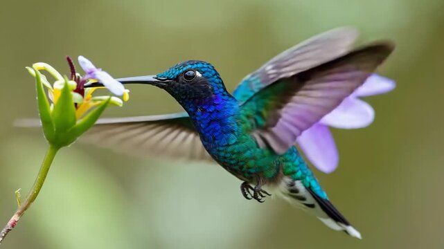 Colorful hummingbird feeding on flower in lush garden