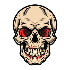 Creepy skull with glowing red eyes and sharp teeth human skull death