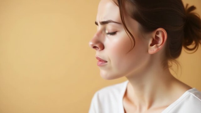 A woman with a noticeable red spot on her face, suitable for medical or health-related uses
