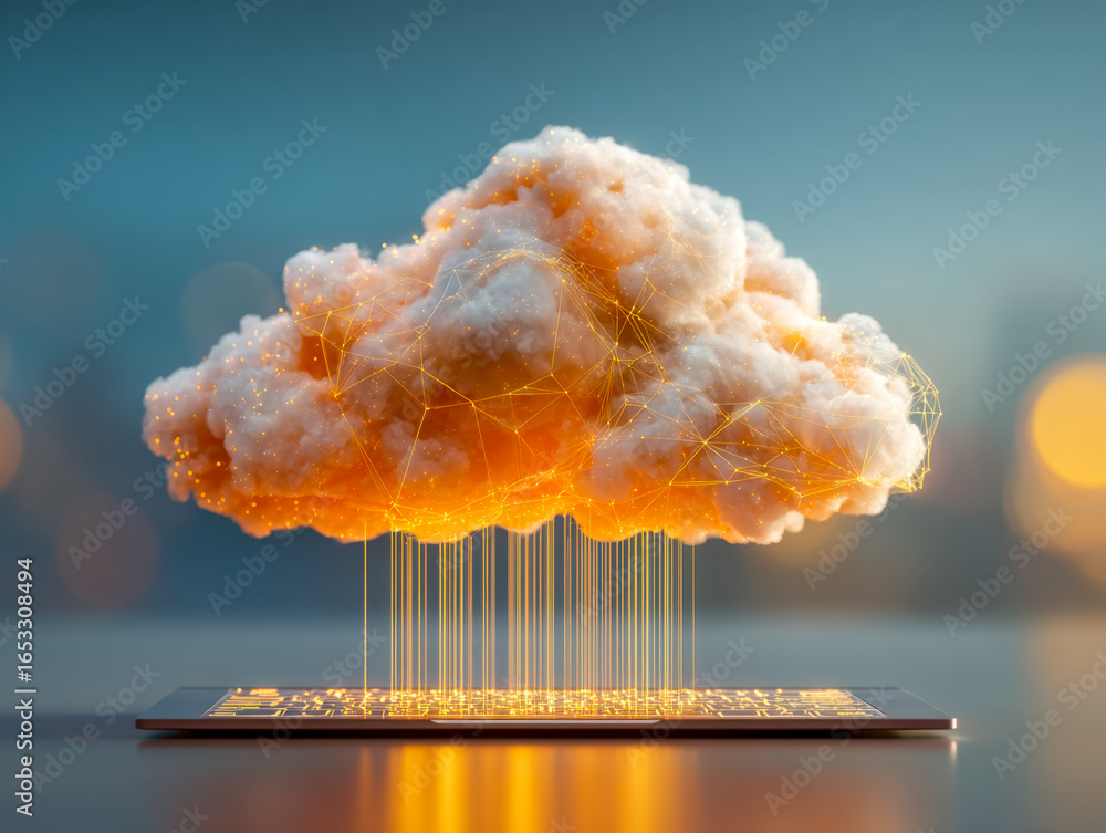 Poster digital cloud computing concept with holographic data streams and futuristic technology display