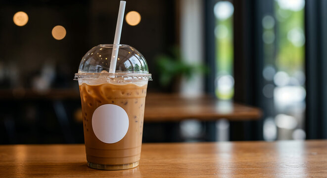 Iced Coffee in a Plastic Cup on a Wooden Table