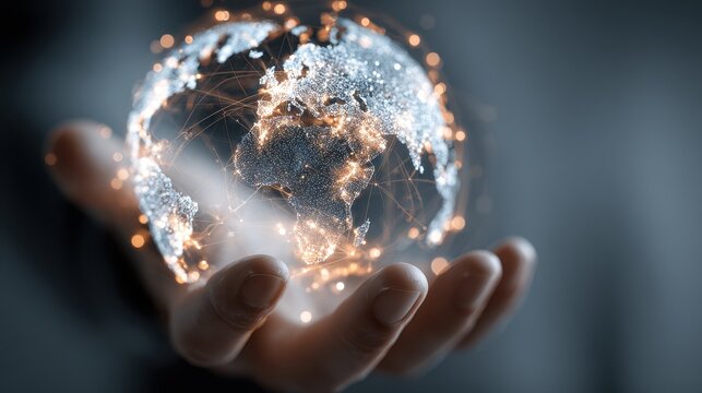 Hand touches futuristic cityscape globe showing global networks and connectivity in the digital world