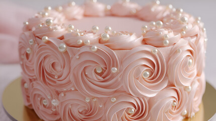 Elegant pink cake decorated with buttercream roses and pearl accents, perfect for celebrations.