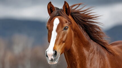 Fototapeta premium A brown horse with a white face and a white stripe on its face. The horse has a long mane and tail