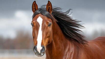 Fototapeta premium A brown horse with a white face and long hair. The horse is looking at the camera