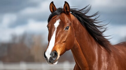 Obraz premium A brown horse with a white face and a black mane. The horse is running and has its head up