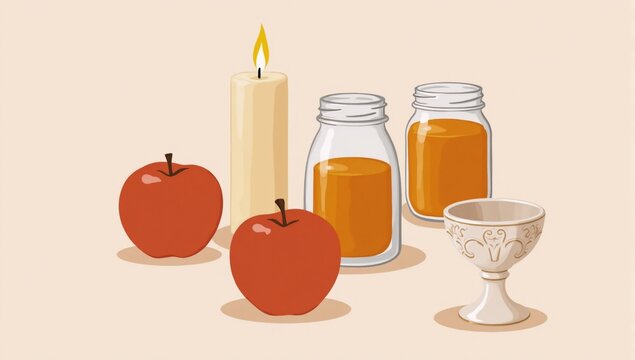 Yom Kippur illustration featuring candle apple honey jar and goblet against a light background