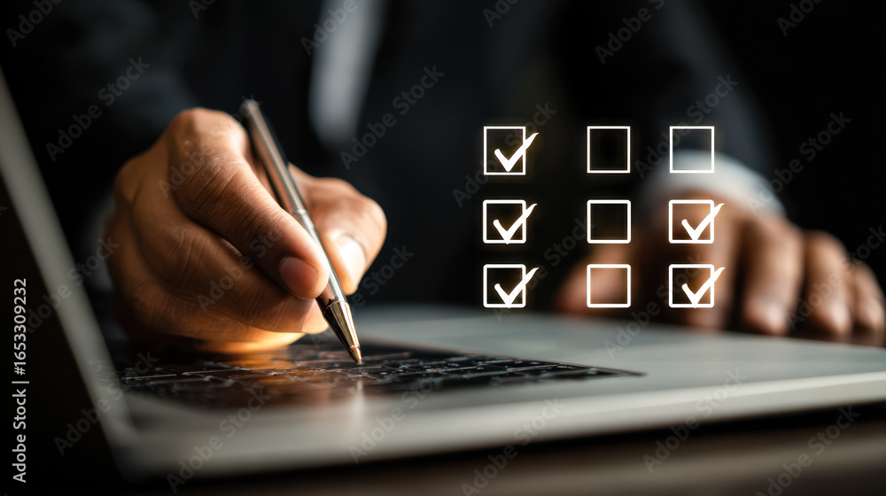 Poster business professional marking checkboxes on digital device with overlayed task list icons