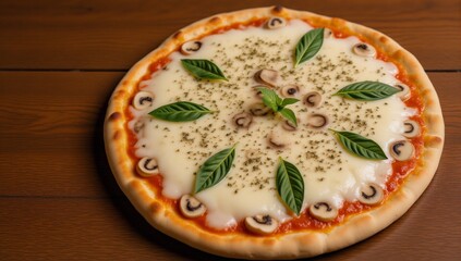 Mushroom pizza with extra mozzarella and herbs showcased on a wooden table top view