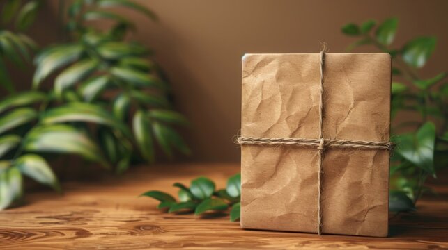 Wrapped package with twine and foliage on wooden surface