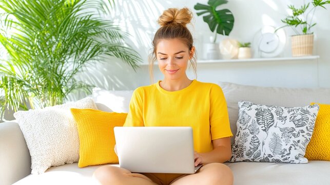Young woman having a video conference on a laptop in a bright living room, work-from-home setup, professional remote work.
