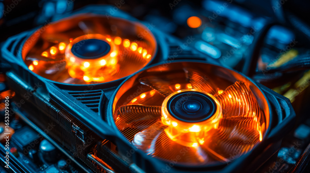 Poster illuminated cooling fans on a graphics card inside a gaming computer