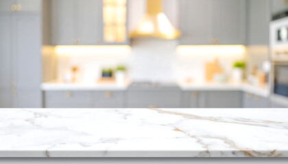 Clean White Marble Kitchen Countertop; Blurred Modern Grey Cabinetry Background; Bright, Elegant, and Luxurious Ambiance.