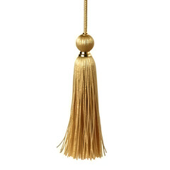 A luxurious golden tassel with intricate detailed threads.