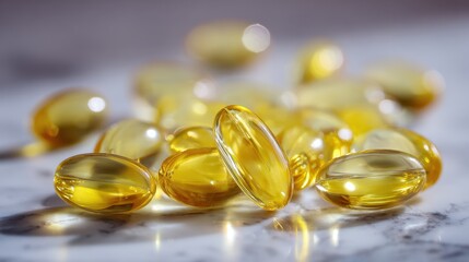 Pile of softgel capsules on a marble countertop in a kitchen or laboratory