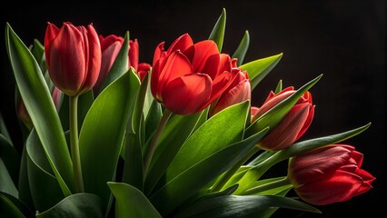 Naklejka premium Serene Artistic Image of Red and Orange Tulips Highlighted by Gentle Light Rays and a Smoky Background Effect