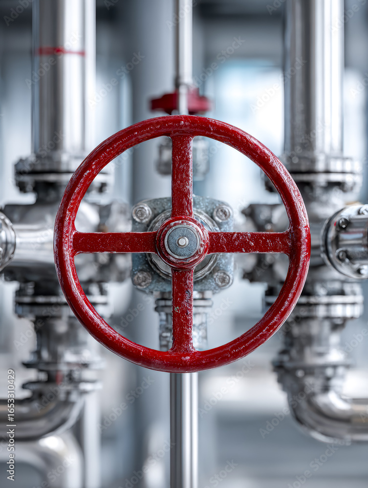 Poster industrial valve with a red handwheel used for controlling flow in a piping system