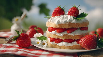 A delicious strawberry shortcake sits on a red and white checkered cloth, surrounded by fresh strawberries.