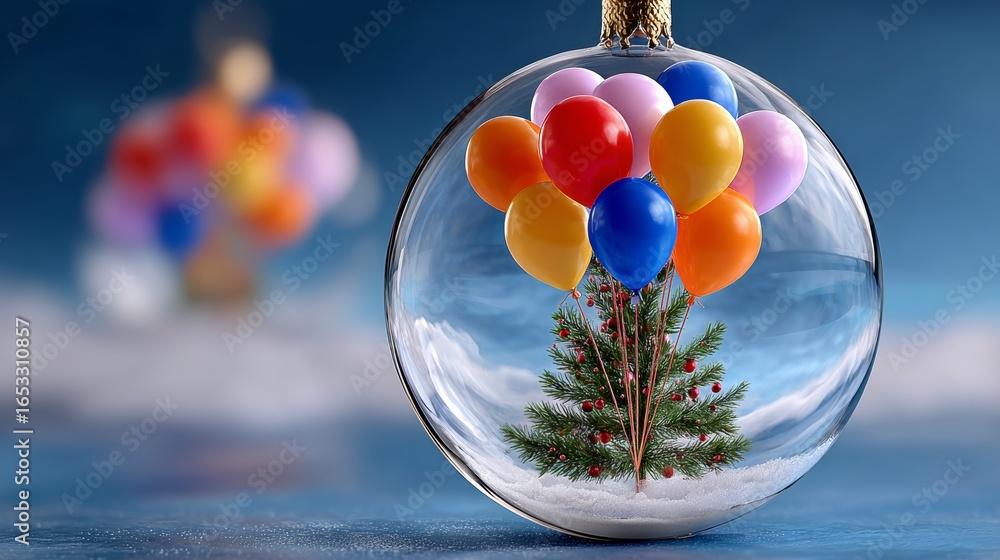 Poster a glass ornament with a tree inside and many colorful balloons. the balloons are in different colors