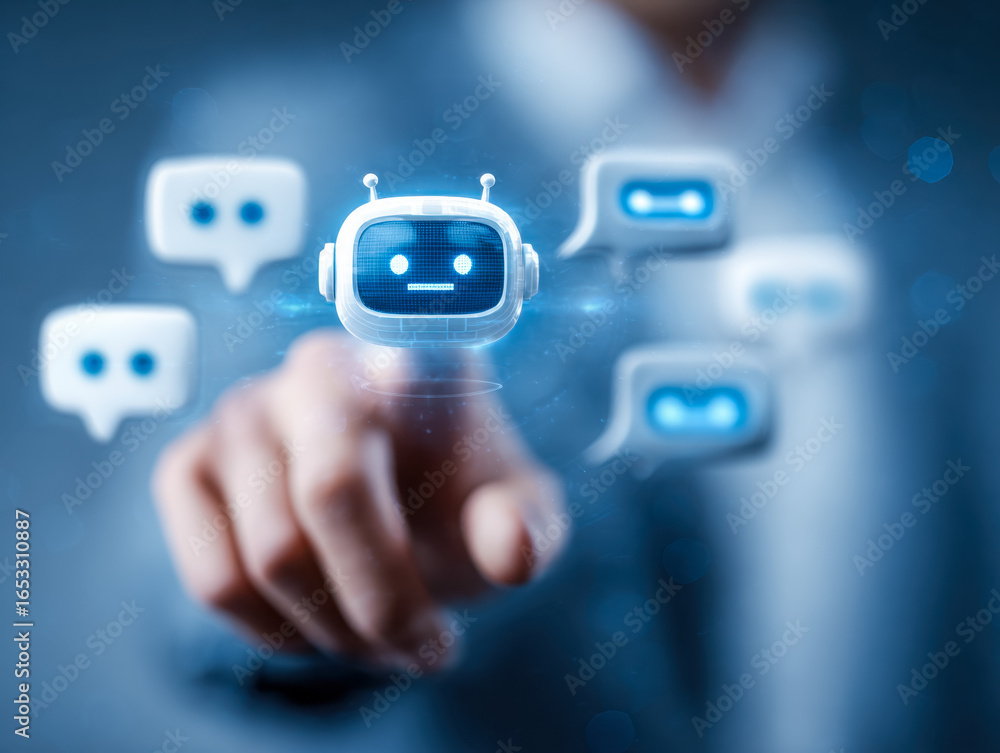 Poster digital interaction with ai chatbot icons in a futuristic interface