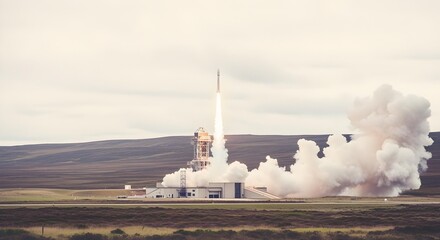 Wide shot of a launchpad with a rocket ascending amid smoke