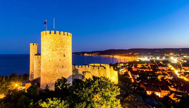 Illuminated castle at twilight