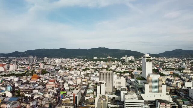Aerial Drone View of Hat Yai City Thailand with Mountain Background