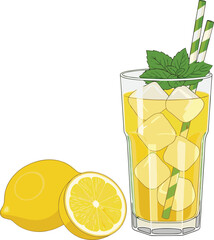 Refreshing lemonade with ice, lemon slice, mint leaves, striped straws in glass, summer drink vector, citrus beverage illustration, isolated on white