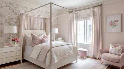 Fototapeta premium girls bedroom with canopy bed, floral decor, pastel walls, soft natural light, cozy and elegant
