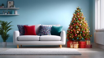 A living room with a white couch and a Christmas tree with colorful ornaments. The room has a cozy and festive atmosphere