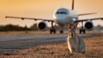A rabbit is standing on the runway in front of an airplane. The scene is peaceful and serene, with the rabbit seemingly unbothered by the presence of the large aircraft