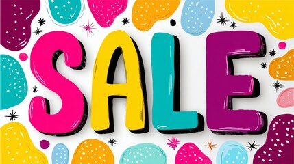 A colorful sign with the word Sale written in bold letters. The sign is decorated with various colors and shapes, giving it a fun and playful look. Scene is cheerful and inviting
