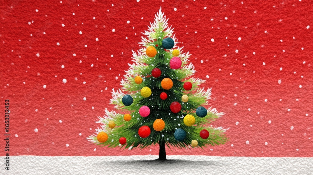 Poster a christmas tree with many colorful balls on it. the tree is on a red background. scene is festive a