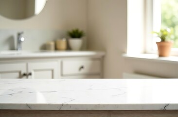 Fototapeta premium Empty marble table top on blurred minimalistic luxury bathroom at apartment, white day light, clean cozy colors. Place for product display, showing products, side view