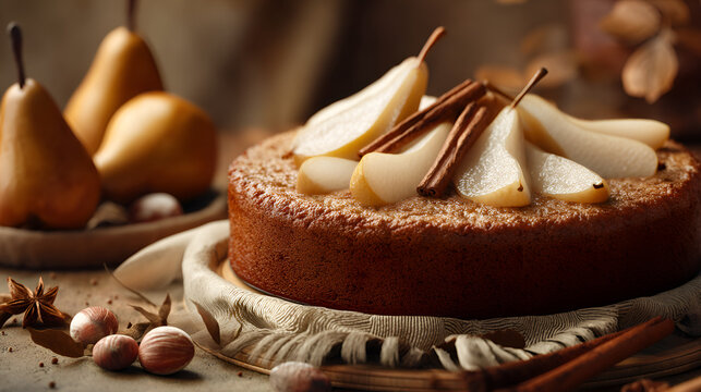 Delightful dessert presentation: cake with pear slices and cinnamon sticks, rustic autumn still life.